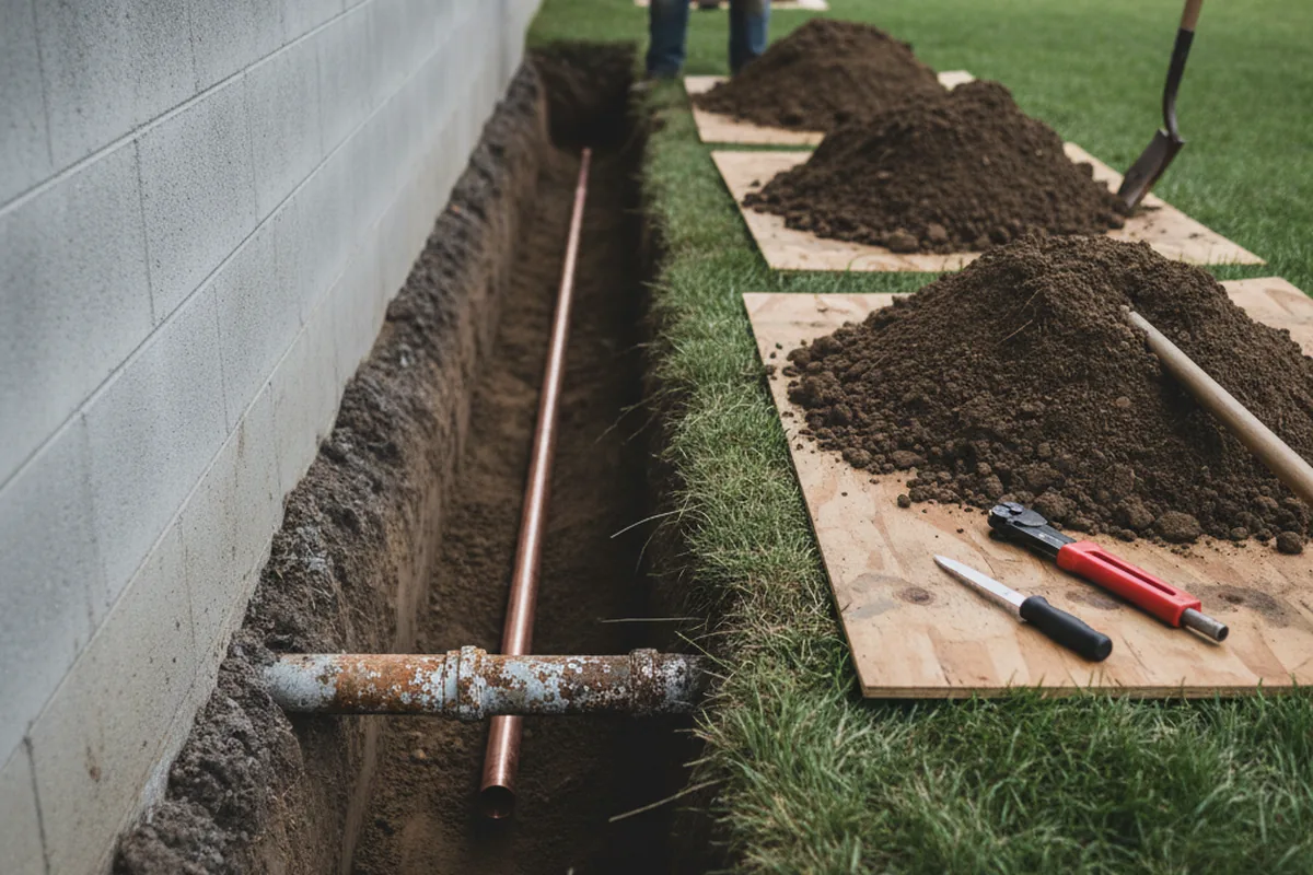 Excavated water line trench during Water Heater Repair in Marcus